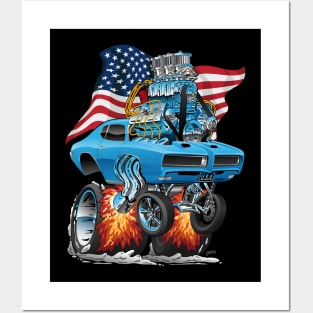 Patriotic Sixties American Muscle Car with USA Flag Cartoon Posters and Art